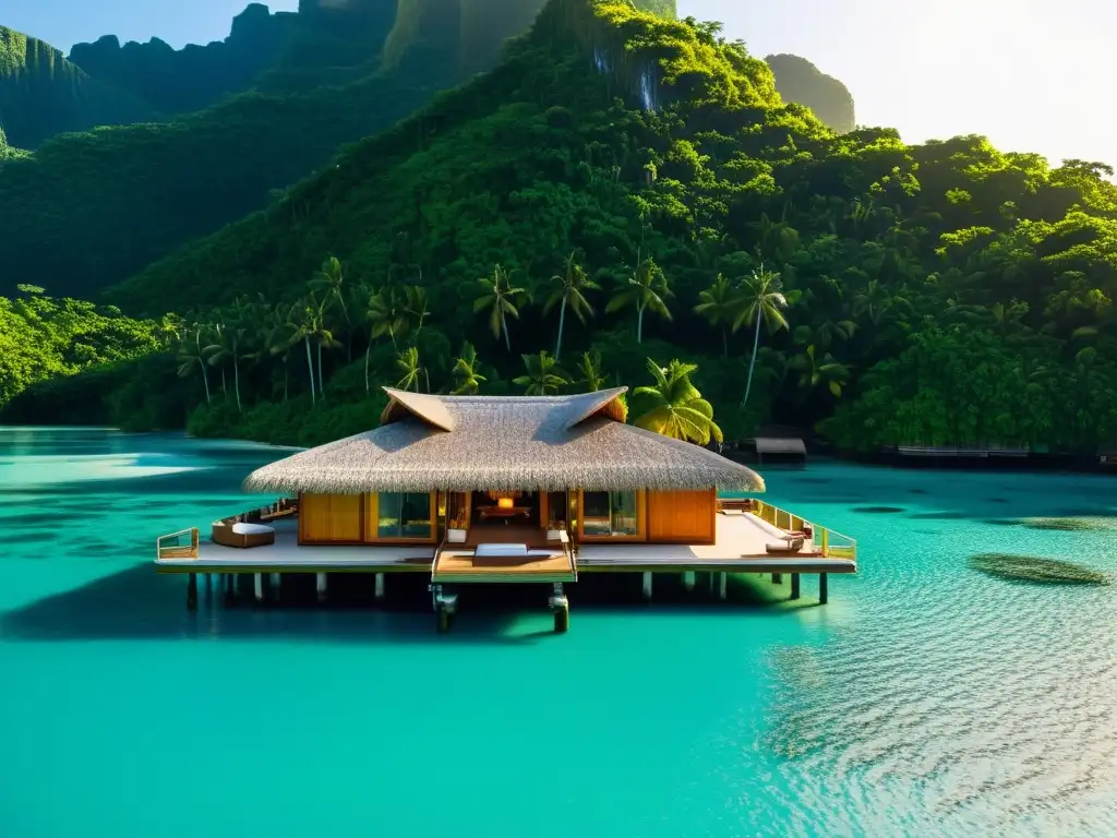 Paraíso remoto: hotel flotante en isla tropical Hoteles flotantes en islas remotas: un paraíso tropical con aguas cristalinas, bungalows sobre el mar y atardecer dorado