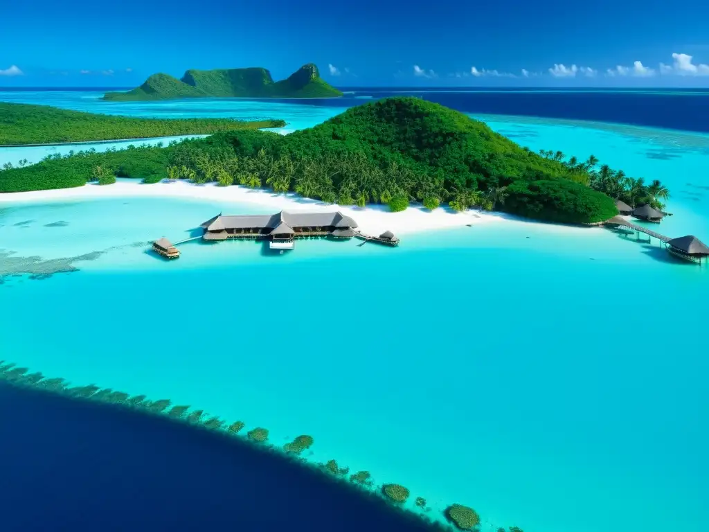 Hotel flotante de lujo en isla remota Hoteles flotantes en islas remotas: vista aérea de lujoso hotel sobre aguas turquesas, villas sobre el mar y huéspedes disfrutando