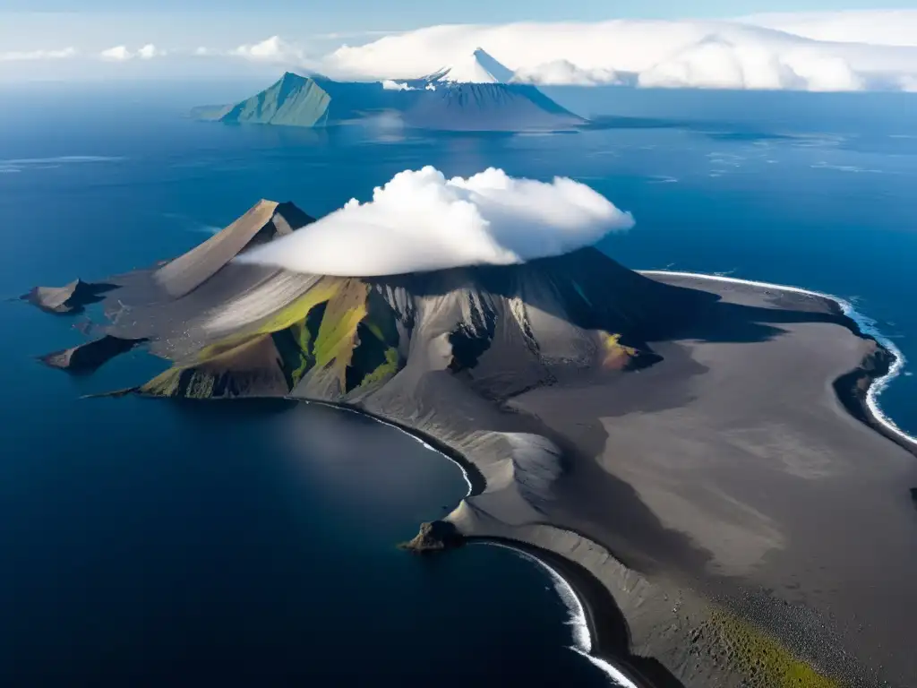 Volcanes activos y osos polares: Jan Mayen en todo su esplendor Imagen aérea de Jan Mayen, isla volcánica con actividad volcánica, oso polar y vasto océano Atlántico