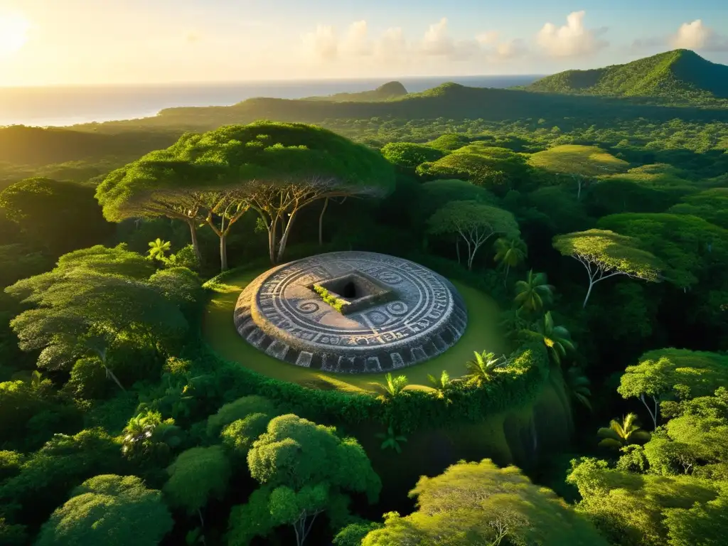 Sitio ceremonial Taino: historia y vegetación en el Caribe Imagen de civilizaciones antiguas del Caribe: sitio ceremonial taino con petroglifos, artefactos y vegetación exuberante al atardecer