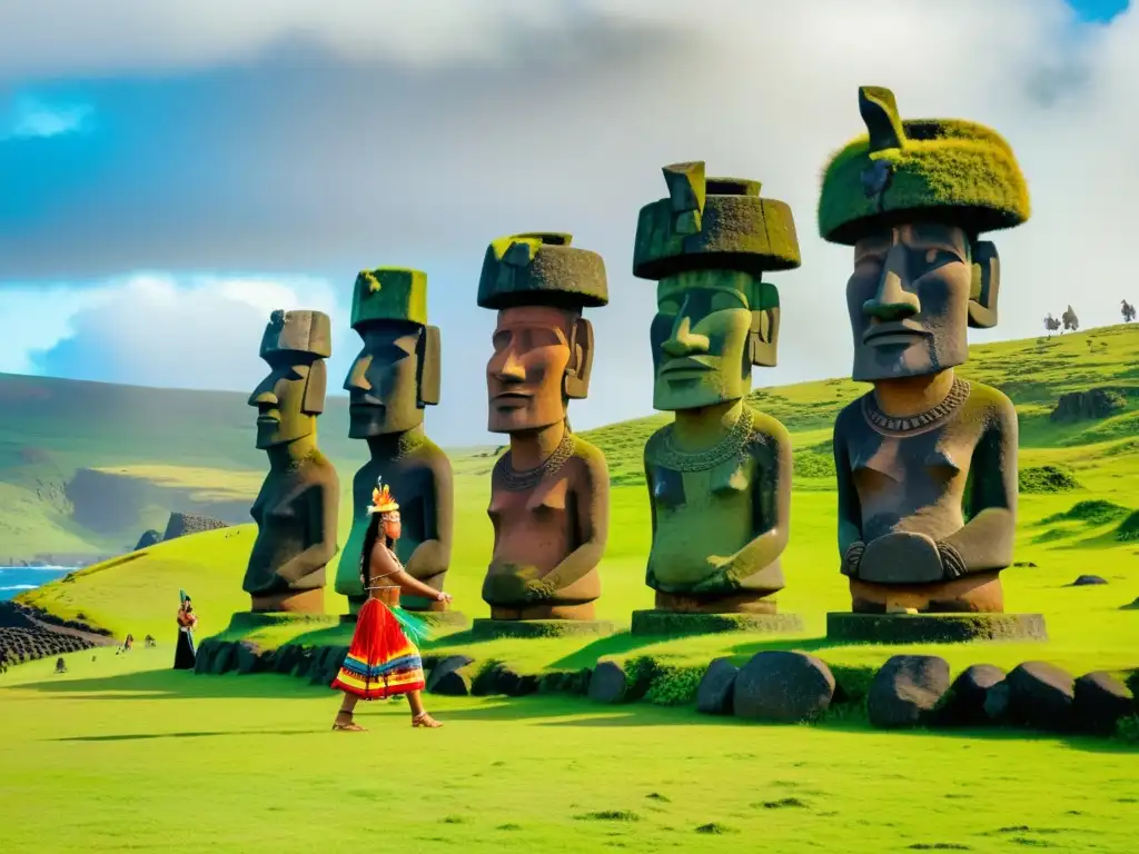 Danza ceremonial Rapa Nui en 8k Imagen 8k detallada de danza ceremonial Rapa Nui con Moai en colina verde