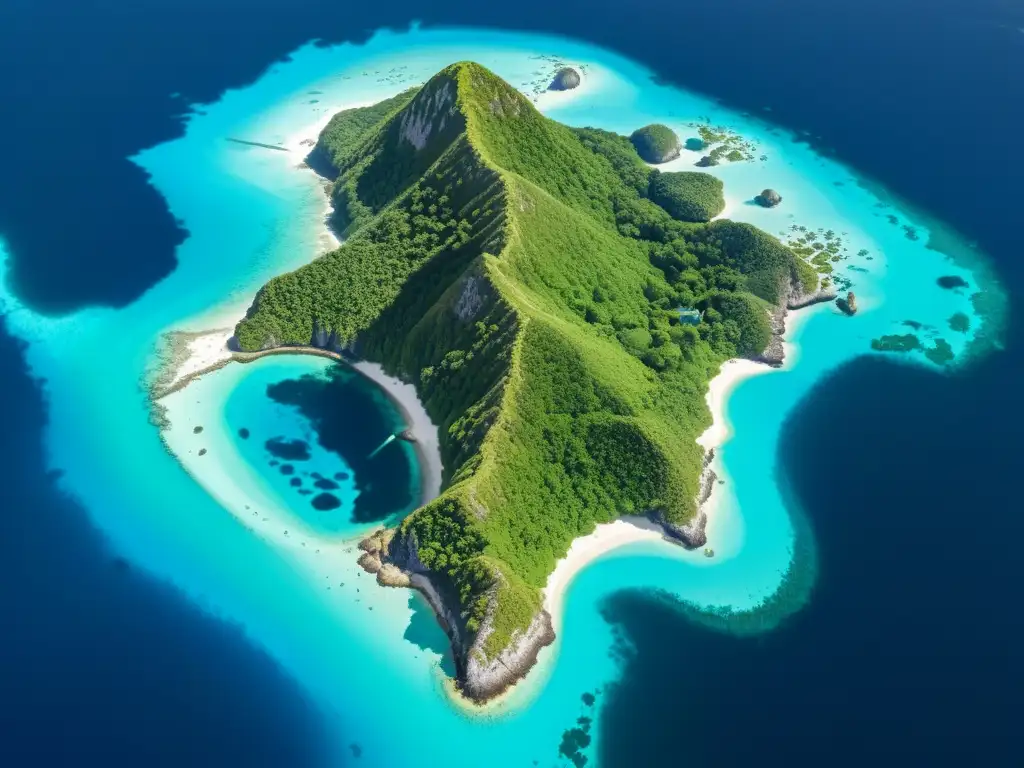 Isla remota: paraísos ocultos en el mundo Imagen detallada de una isla remota rodeada de aguas azules, con paisajes verdes y senderos de exploración marcados