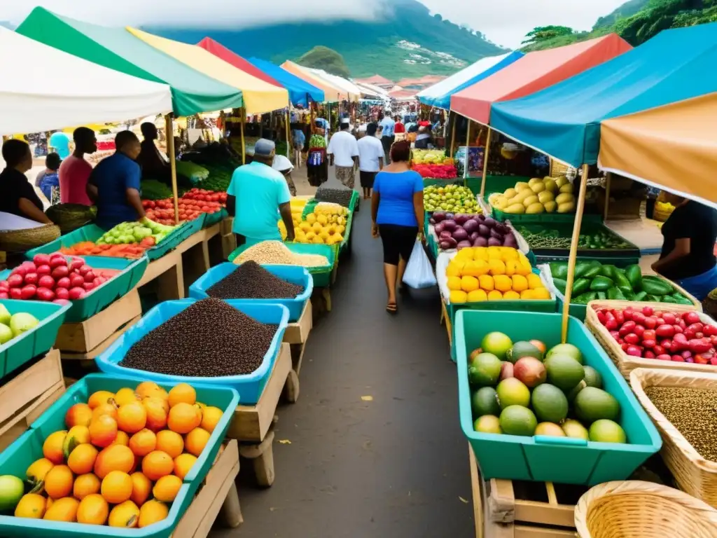 Mercado vibrante en Santo Tomé y Príncipe Imagen documental de un bullicioso mercado al aire libre en Santo Tomé y Príncipe, con platos típicos y una explosión de colores locales