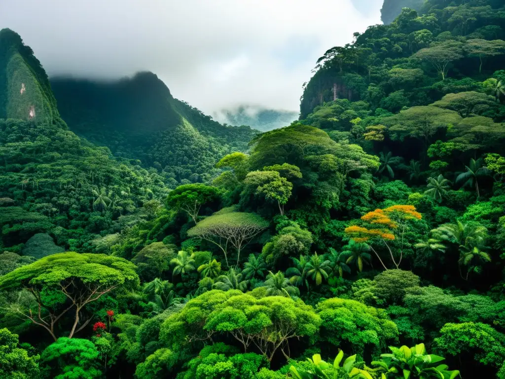 Selva exuberante y biodiversidad en isla remota Imagen de un exuberante y diverso bosque tropical en una isla remota, con vida silvestre única