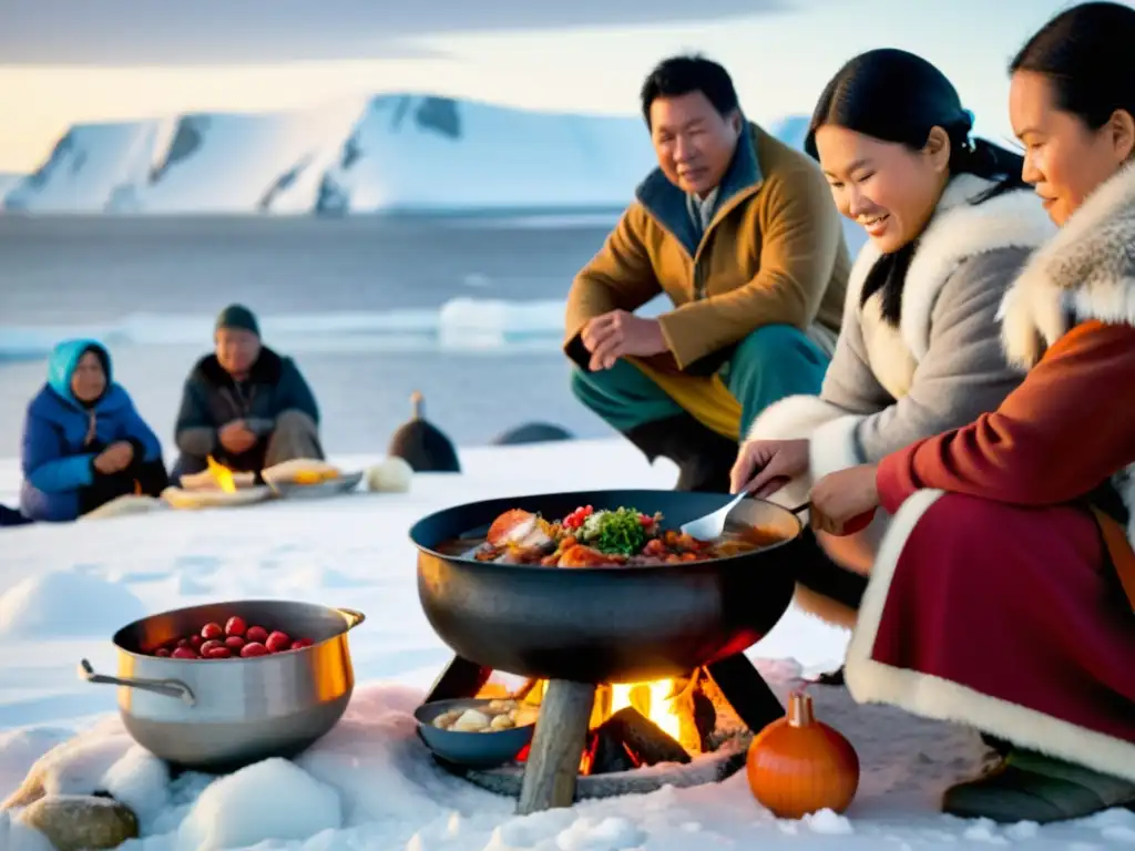 Banquete Inuit: Tradición culinaria en la costa ártica Imagen de una festín Inuit en una remota isla ártica, destacando la gastronomía insular en islas remotas