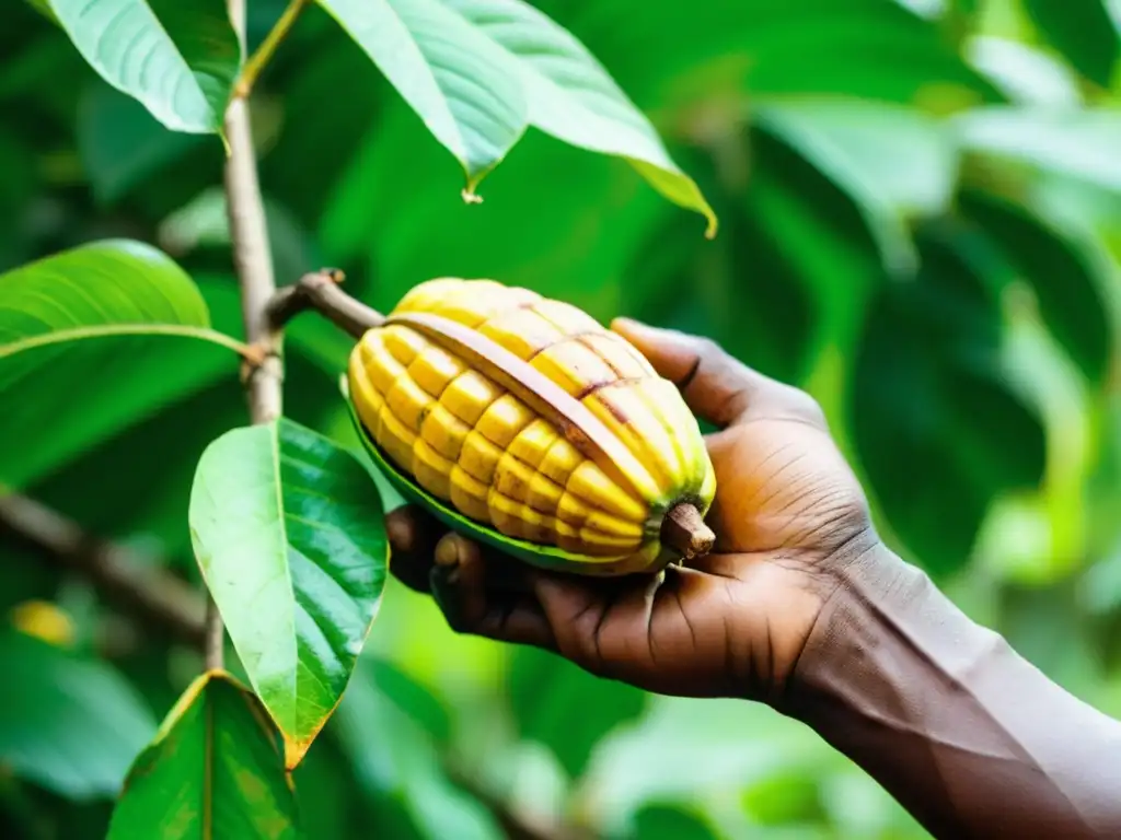 Imagen de un granjero cosechando un cacao en la exuberante plantación de cacao en la Isla São Tomé