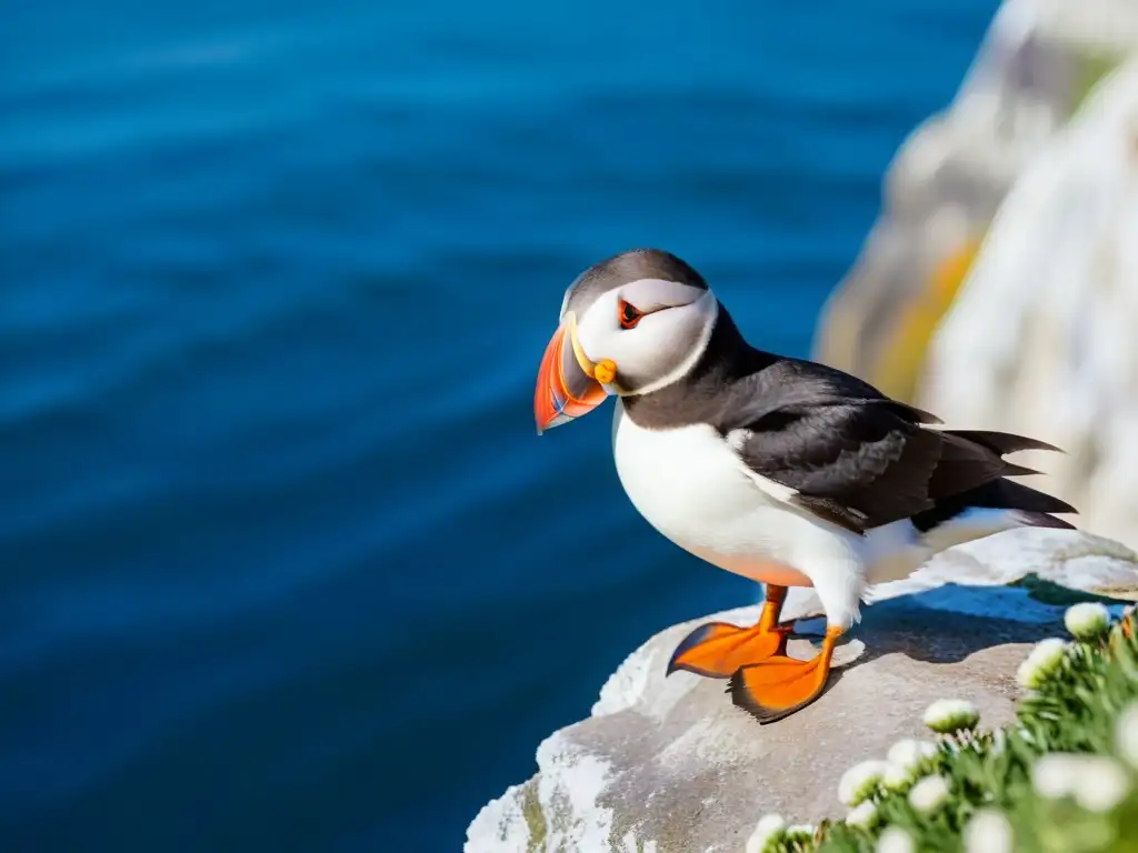 Puffin salvaje en acantilado: belleza natural Imagen de un hermoso frailecillo en un acantilado de las islas Sorlingas, mostrando su belleza natural y el refugio de aves en la naturaleza