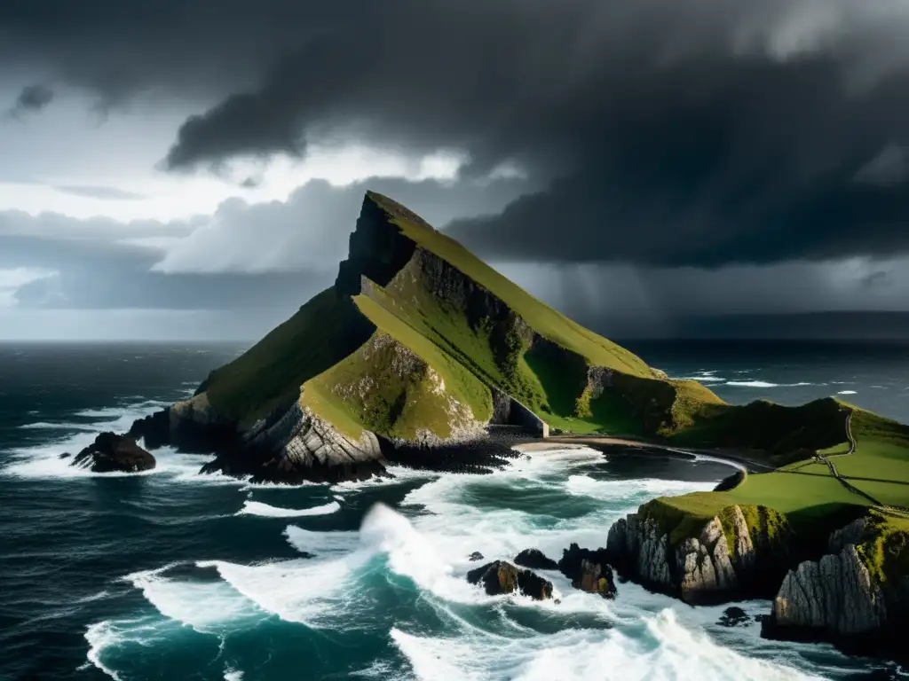 Isolación y misterio: isla remota rodeada de turbulentas olas Imagen impactante de una isla remota rodeada por olas turbulentas y una tormenta ominosa en el horizonte