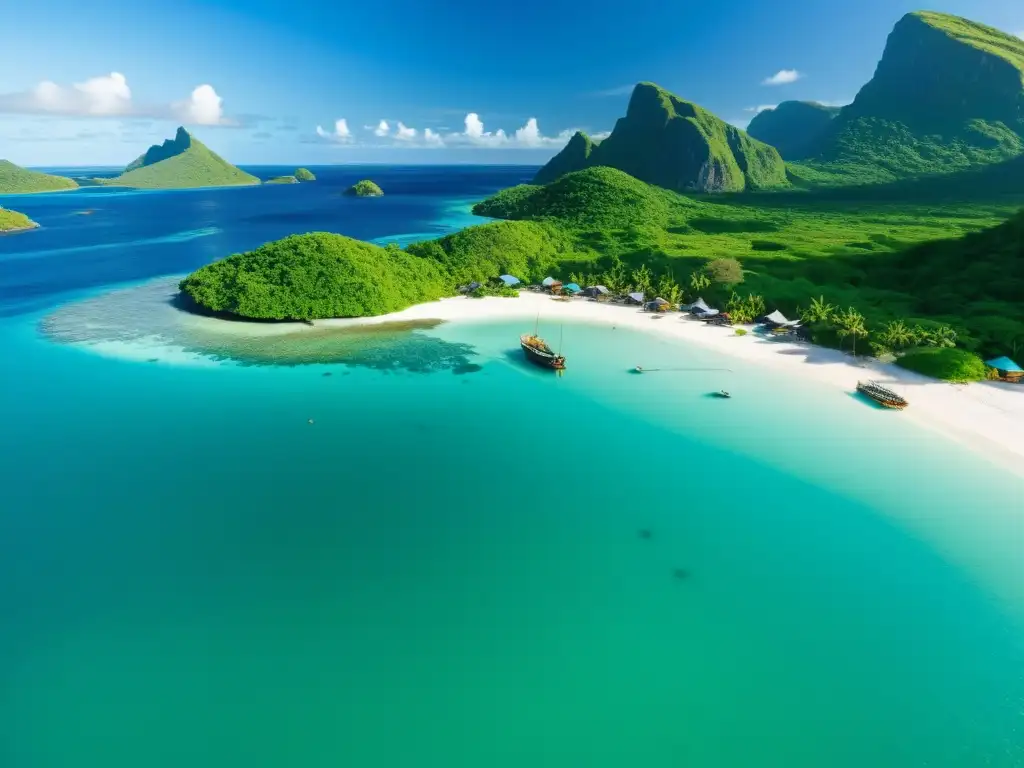 Isla remota: belleza natural y cultura indígena Imagen impactante de una isla remota con aguas cristalinas, vegetación exuberante y comunidad indígena realizando actividades diarias