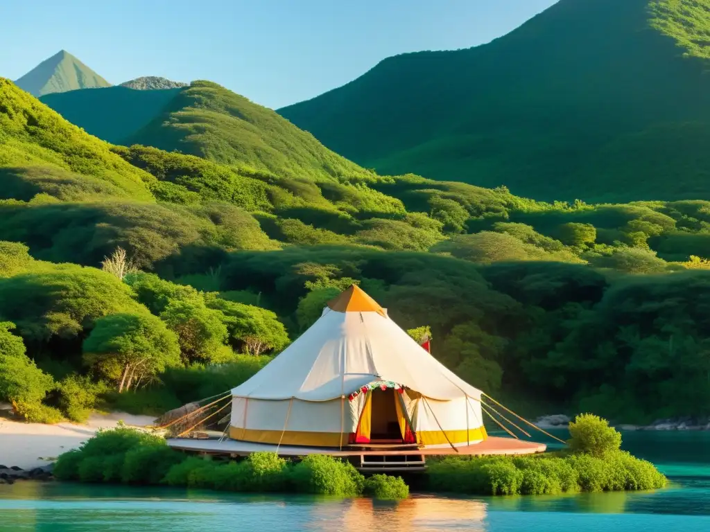 Yurta tradicional en isla remota: experiencia única Imagen impactante de un yurt tradicional en una isla remota, rodeado de exuberante vegetación y aguas cristalinas