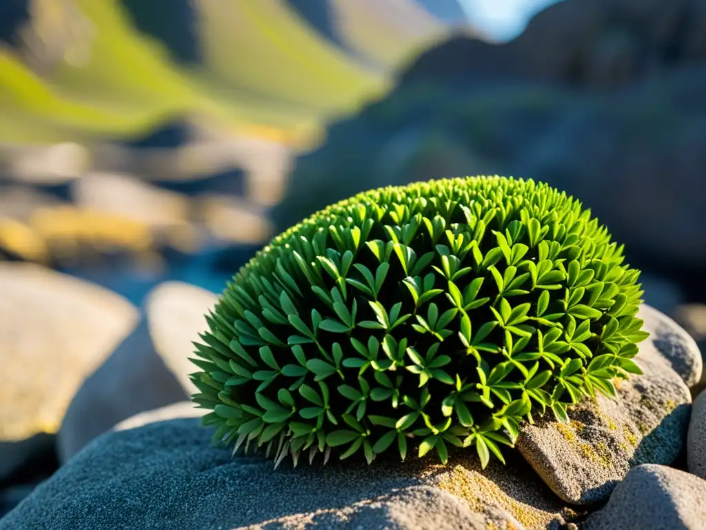 Resiliencia en Islas Sándwich del Sur: Azorella selago Imagen de la importancia ecológica de la flora endémica en las Islas Sándwich del Sur: Azorella selago, planta delicada y vibrante en terreno rocoso