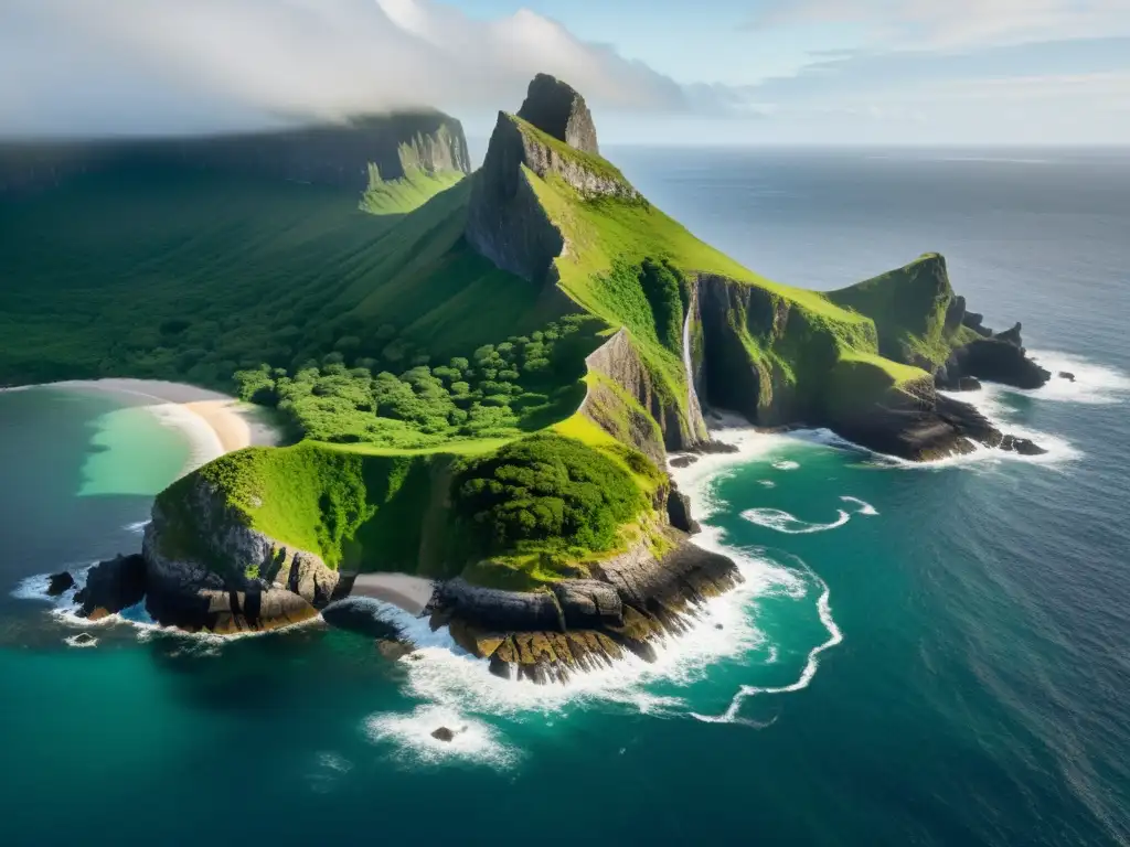 Isla remota envuelta en misterio: alta resolución Imagen de isla remota envuelta en misterio, rodeada de acantilados y olas