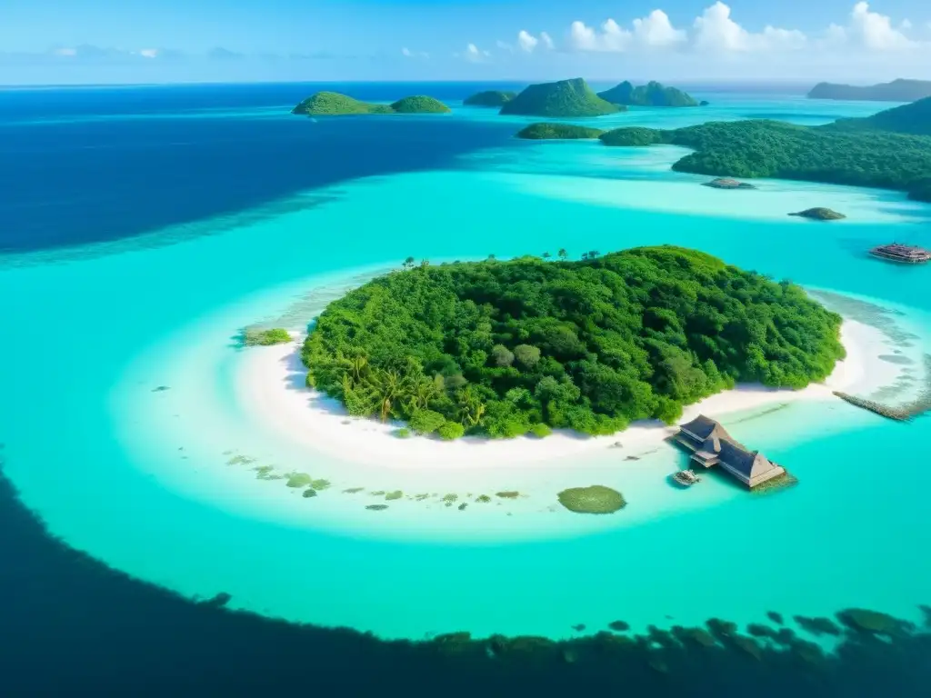 Paraíso natural: isla remota con vida silvestre y culturas indígenas Imagen de isla remota con exuberante naturaleza, aguas turquesa y prácticas de conservación de la cultura ancestral