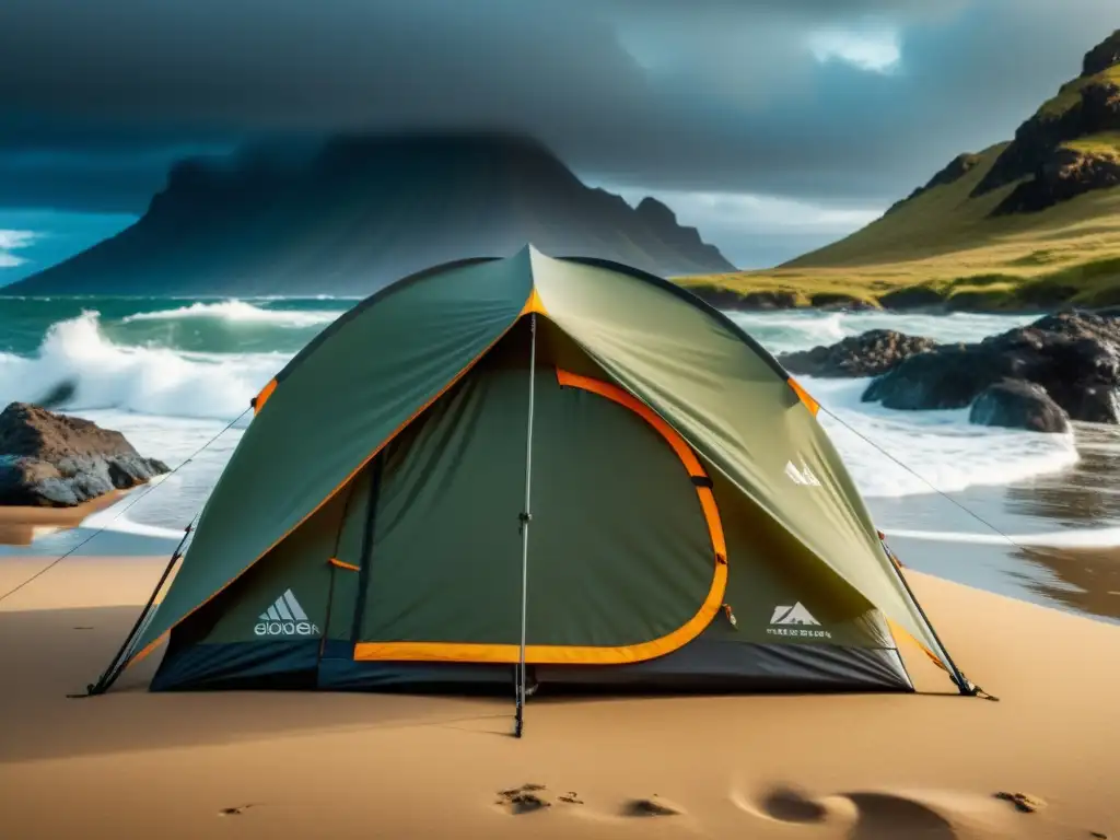 Imagen de una mejor carpa resistente al viento y al agua en una remota playa de isla, rodeada de olas y cielos tormentosos, evocando aventura y durabilidad en condiciones climáticas extremas