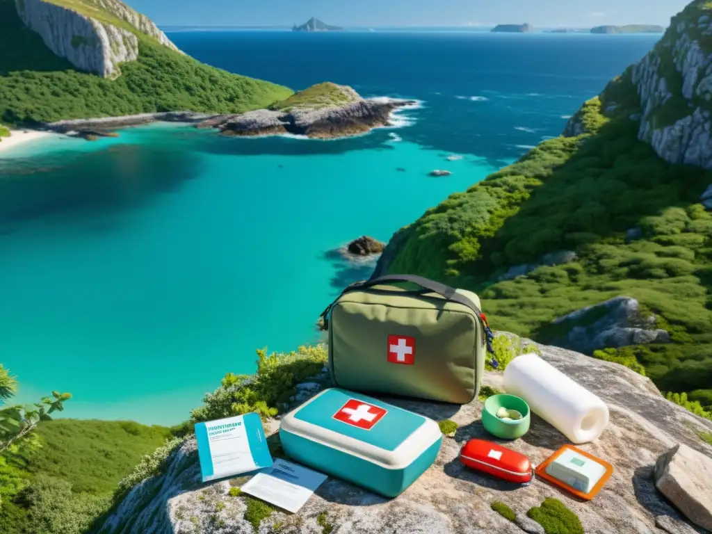Island Landscape: Emergencia en paraíso remoto Imagen de un paisaje remoto de islas con un kit de primeros auxilios, resaltando la importancia de los kits esenciales de primeros auxilios en entornos insulares