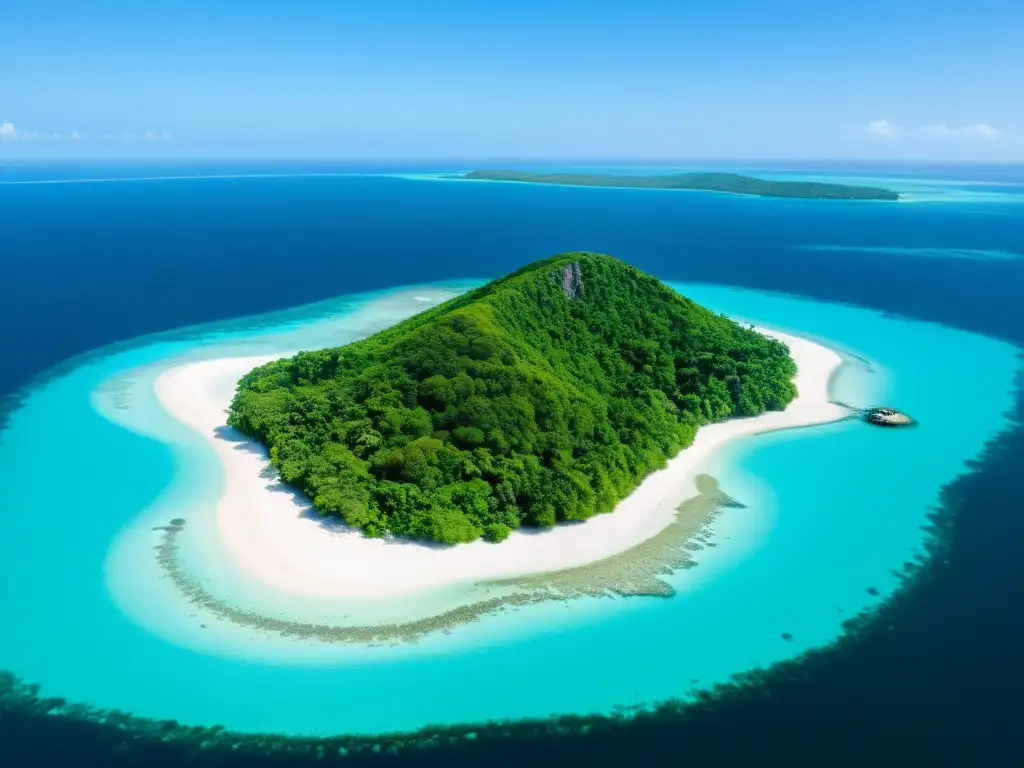 Isla remota: paraíso natural intocado Imagen panorámica de una isla remota e intacta, rodeada de aguas cristalinas y cubierta de exuberante vegetación