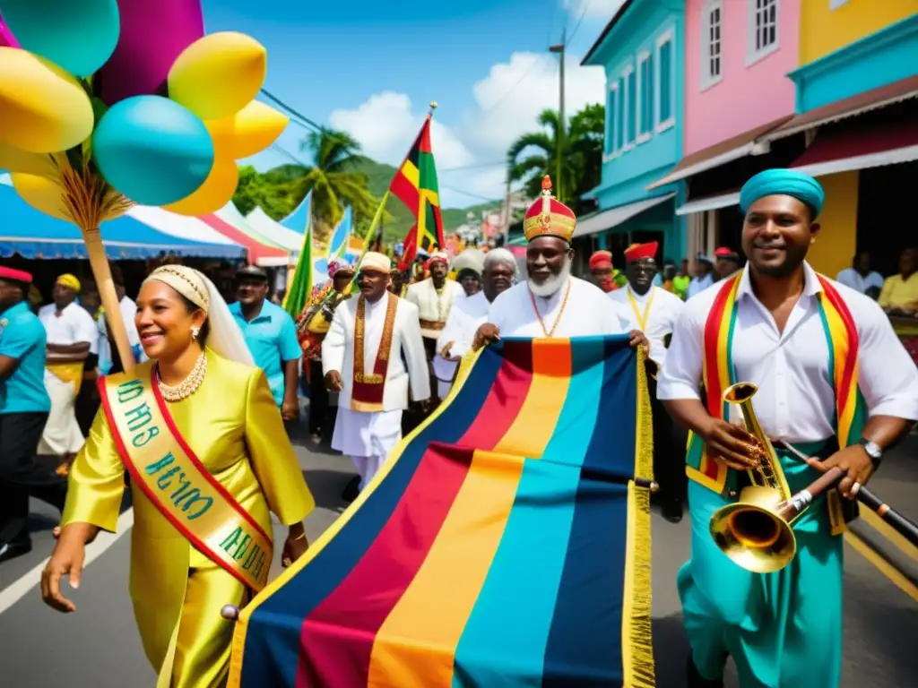 Procesión caribeña: sincretismo religioso en colores Imagen de sincretismo religioso en las islas del Caribe, con colorida procesión callejera, música y trajes tradicionales
