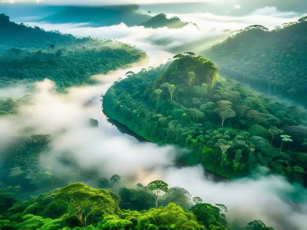 Selva exuberante de Borneo: belleza salvaje Una impresionante fotografía de aventura en Borneo, con exuberante selva tropical, árboles centenarios y un río serpenteante