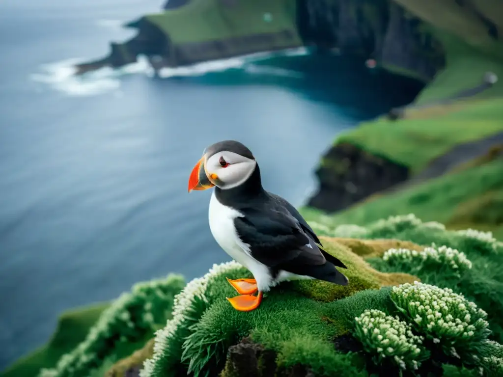 Puffin majestuoso en acantilado verde de las Islas Feroe Una impresionante composición fotográfica de Islas Feroe: un frailecillo posado en un acantilado cubierto de musgo, con un paisaje dramático de fondo
