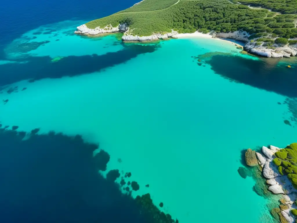 Costa salvaje de Menorca: vida submarina y exuberante naturaleza Biodiversidad en Menorca Mediterráneo: Fotografía aérea de la impresionante costa con aguas turquesas, calas escondidas y exuberante vegetación