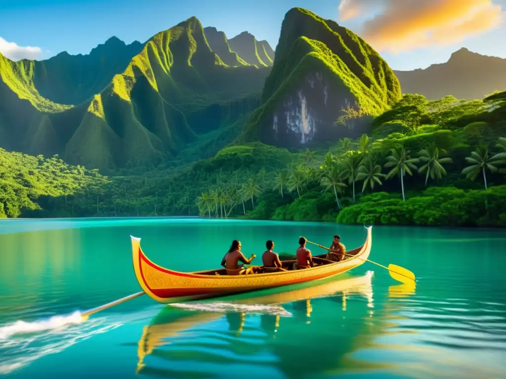 Canoa polinesia: tradición y belleza en el mar Una impresionante imagen de una tradicional canoa polinesia deslizándose sobre aguas cristalinas, con montañas verdes y un vibrante atardecer