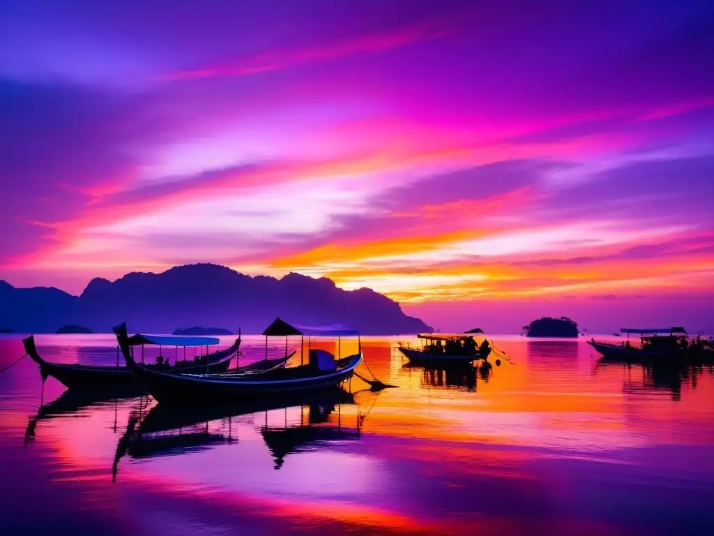 Atardecer vibrante sobre el mar de Andamán Una impresionante fotografía en las Islas Andamán muestra un vibrante atardecer sobre el mar, con siluetas de palmeras y barcos de pesca tradicionales