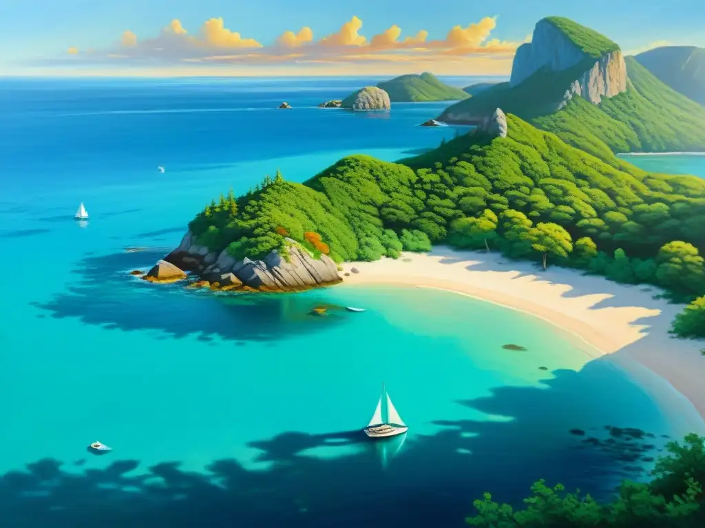 Isla remota bañada por el sol al atardecer Una impresionante pintura impresionista de islas aisladas, rodeada de aguas turquesas y bañada por la cálida luz del atardecer