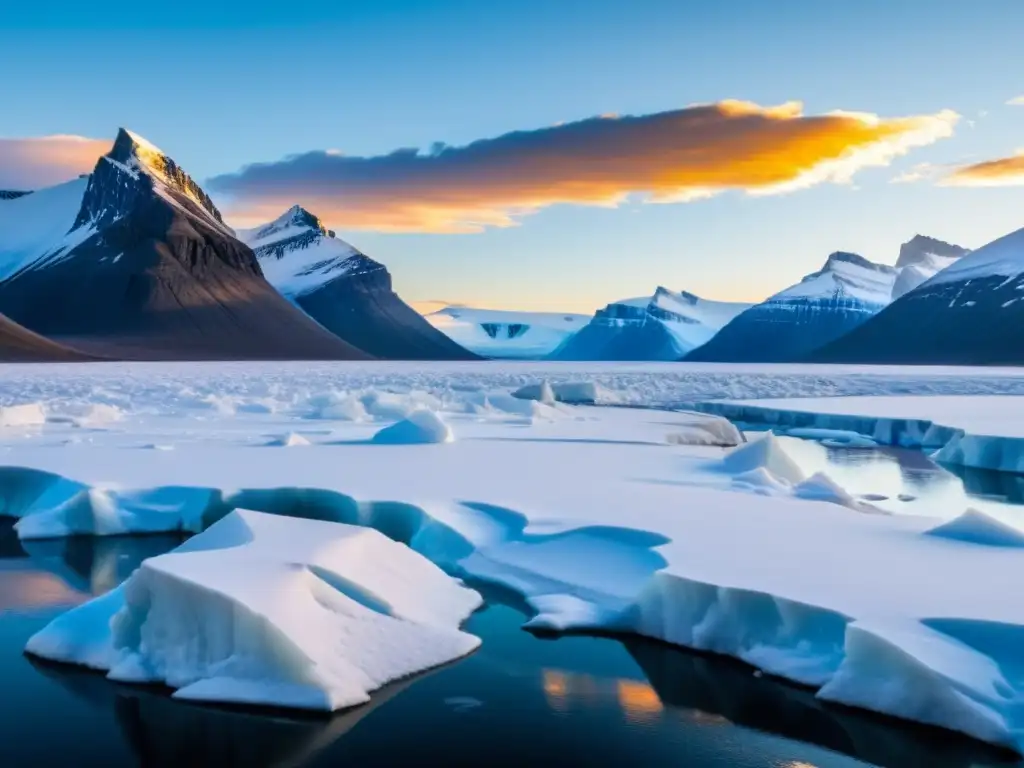 Maravilloso paisaje ártico: luz dorada sobre hielo Una impresionante vista ártica con preparativos para explorar islas árticas