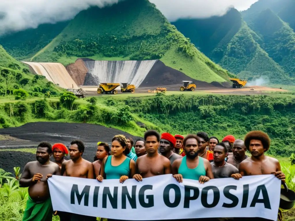 Protesta indígena contra la mina en Melanesia Indígenas protestan contra la minería en Melanesia, contrastando la belleza natural con la presencia industrial
