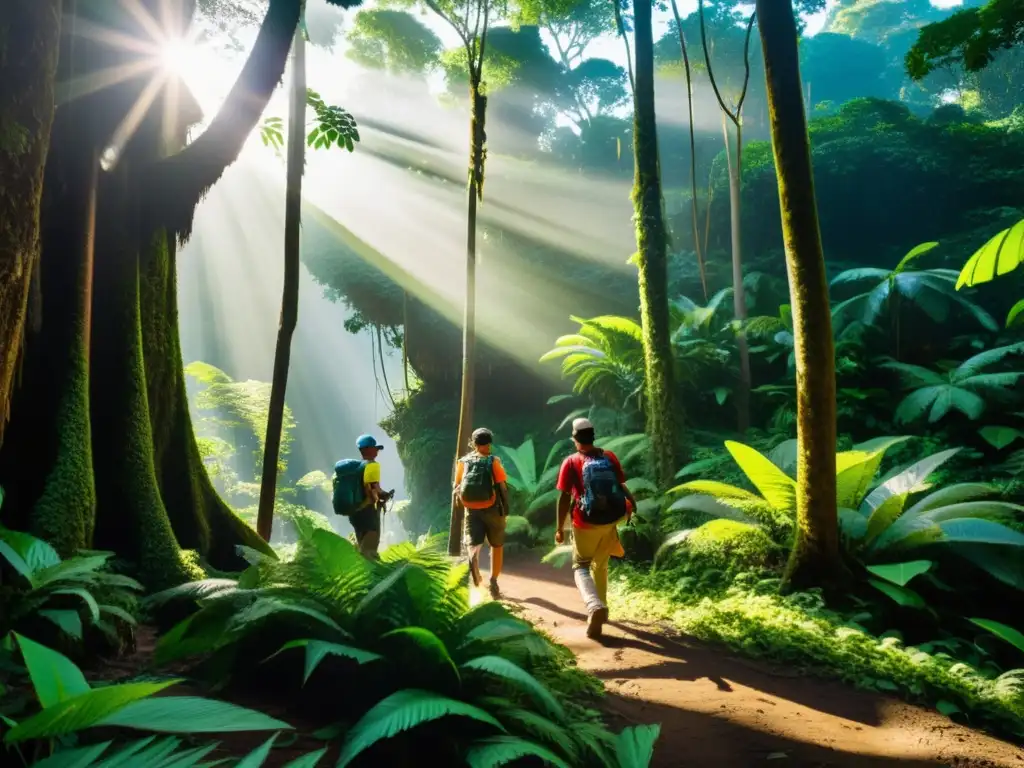 Exploradores de la jungla: Navegación innovadora en la naturaleza Innovaciones aplicaciones navegación islas remotas: Aventureros exploran densa jungla con smartphones, guiados por la tecnología innovadora