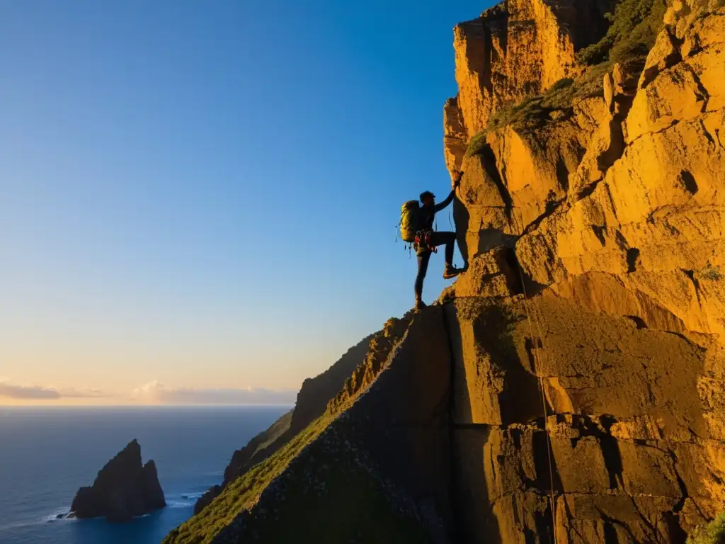 Desafío en Acantilado al Atardecer: Escalada en Solitario Un intrépido escalador sin cuerdas desafía la soledad de una isla remota al atardecer, rodeado por acantilados imponentes y el vasto océano
