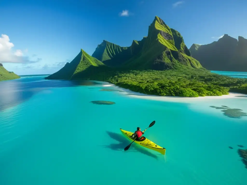 Kayak en el paraíso: aventura en Polinesia Un intrépido explorador en kayak surcando aguas turquesas entre islas exuberantes en el archipiélago polinesio