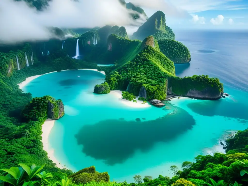 Paraíso misterioso: Cascada, flora exótica y ruinas antiguas Una isla exuberante y exótica emerge del mar azul, rodeada de misterio
