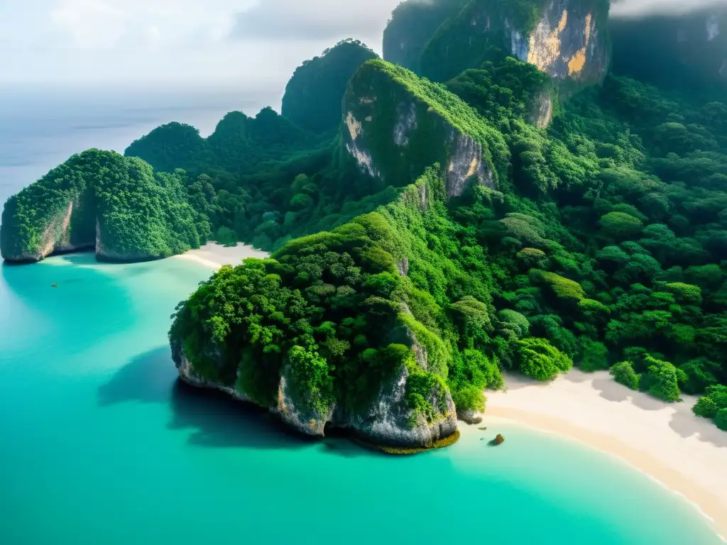 Isla misteriosa: naufragio en selva exuberante Una isla exuberante y misteriosa envuelta en neblina, con acantilados imponentes que se elevan desde el mar turquesa