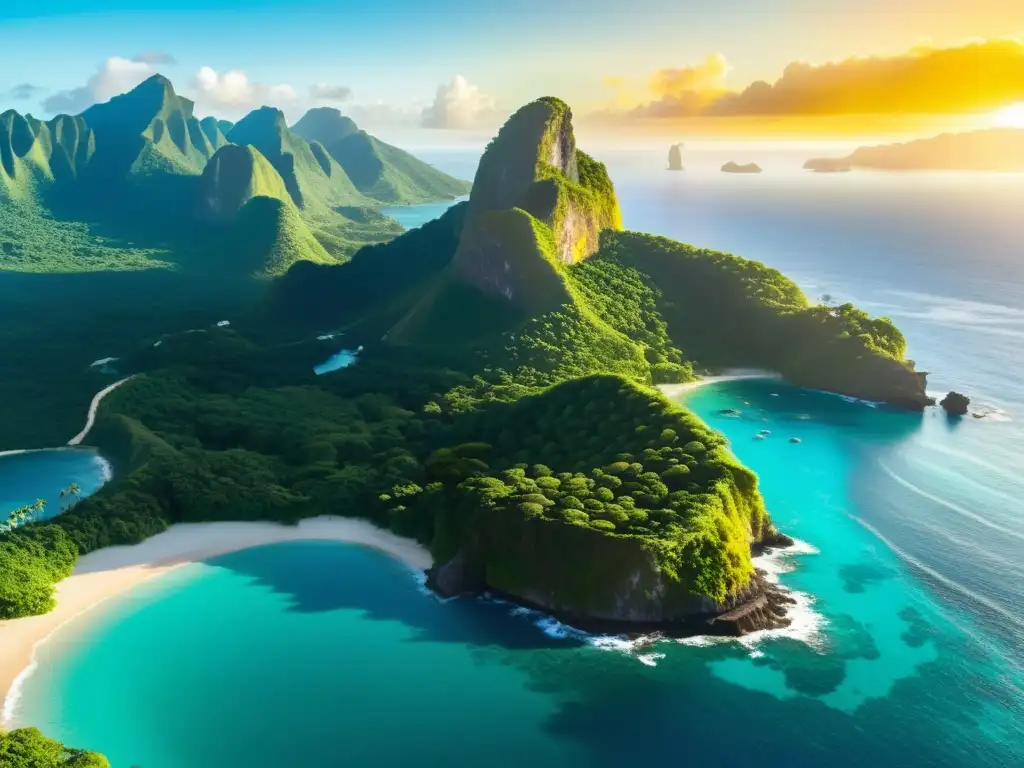 Isla exuberante: atardecer dorado en paraíso natural Una isla exuberante y verde con acantilados imponentes que emergen del océano turquesa