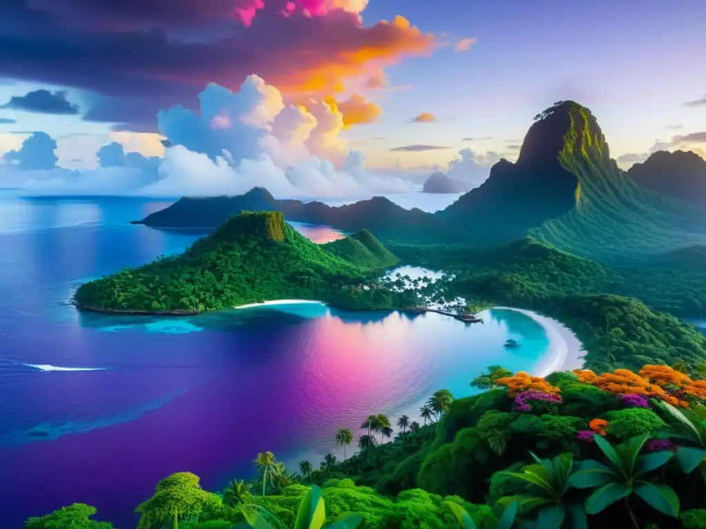Isla mística al anochecer: paisaje encantado Una isla mística de Melanesia al anochecer, con exuberante vegetación tropical, flores vibrantes y una costa brillante