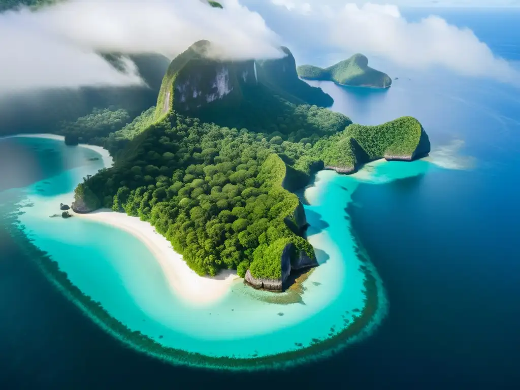 Isla remota envuelta en niebla: belleza misteriosa y vida marina vibrante Una isla remota envuelta en misterio, con acantilados, bosques densos y un naufragio