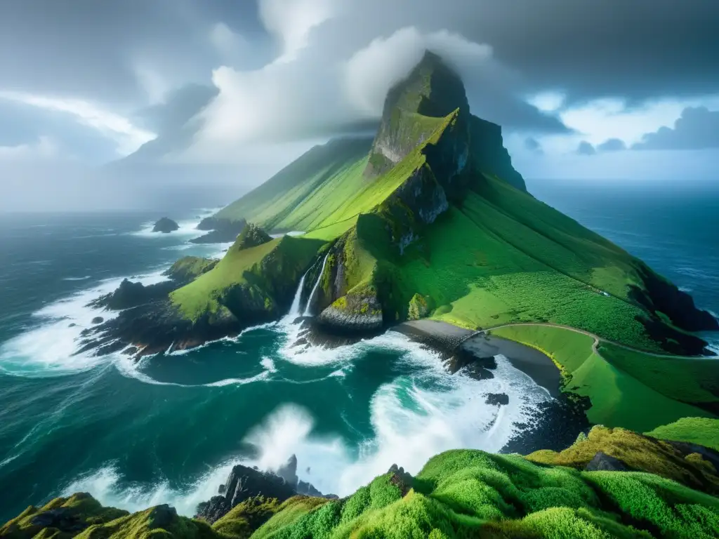 Castillo ancestral en isla remota: misterio y asombro Una isla remota envuelta en niebla con un castillo antiguo, rodeada de olas turbulentas