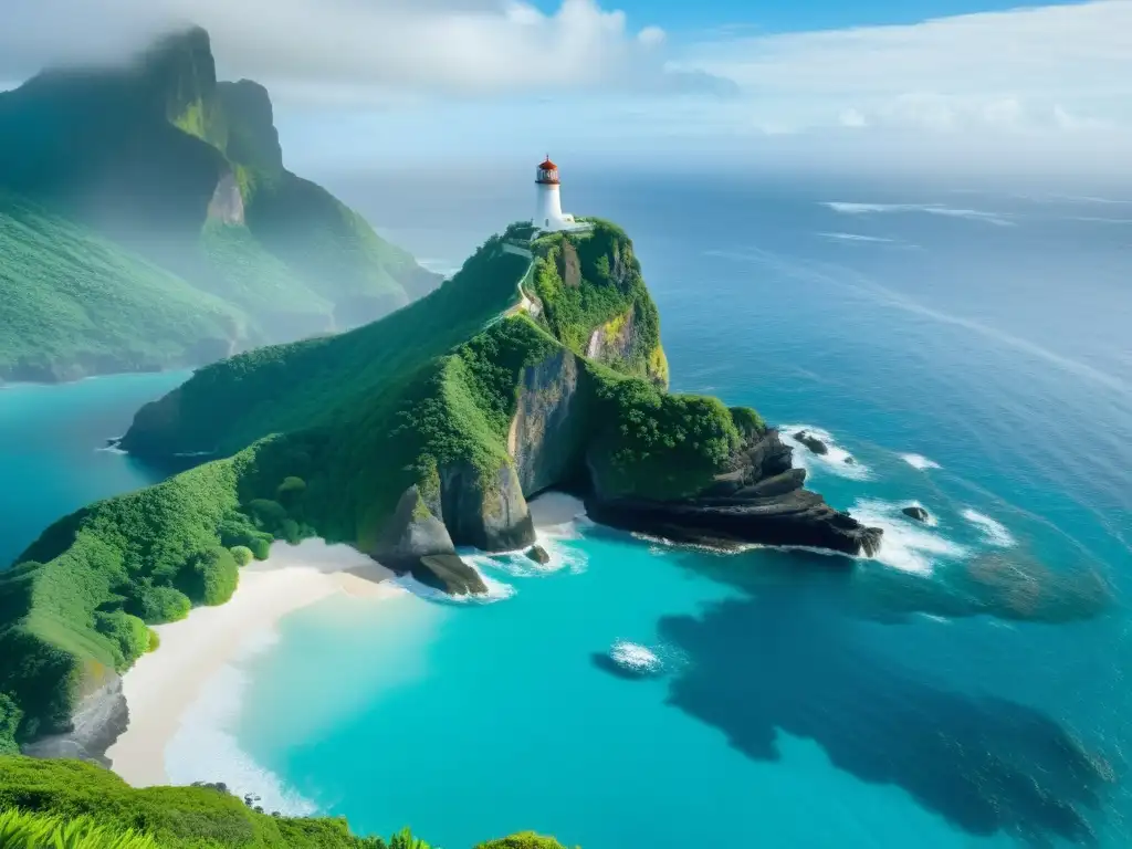 Isla solitaria: faro, acantilados y delfines en el Pacífico Una isla remota y escarpada se alza desde las aguas turquesas del Pacífico Sur