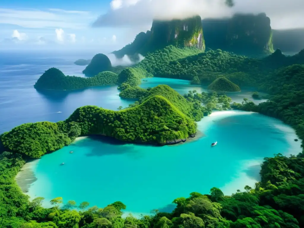 Paraíso tropical: isla exuberante y misteriosa Una isla remota de exuberante selva, cascadas y laguna escondida