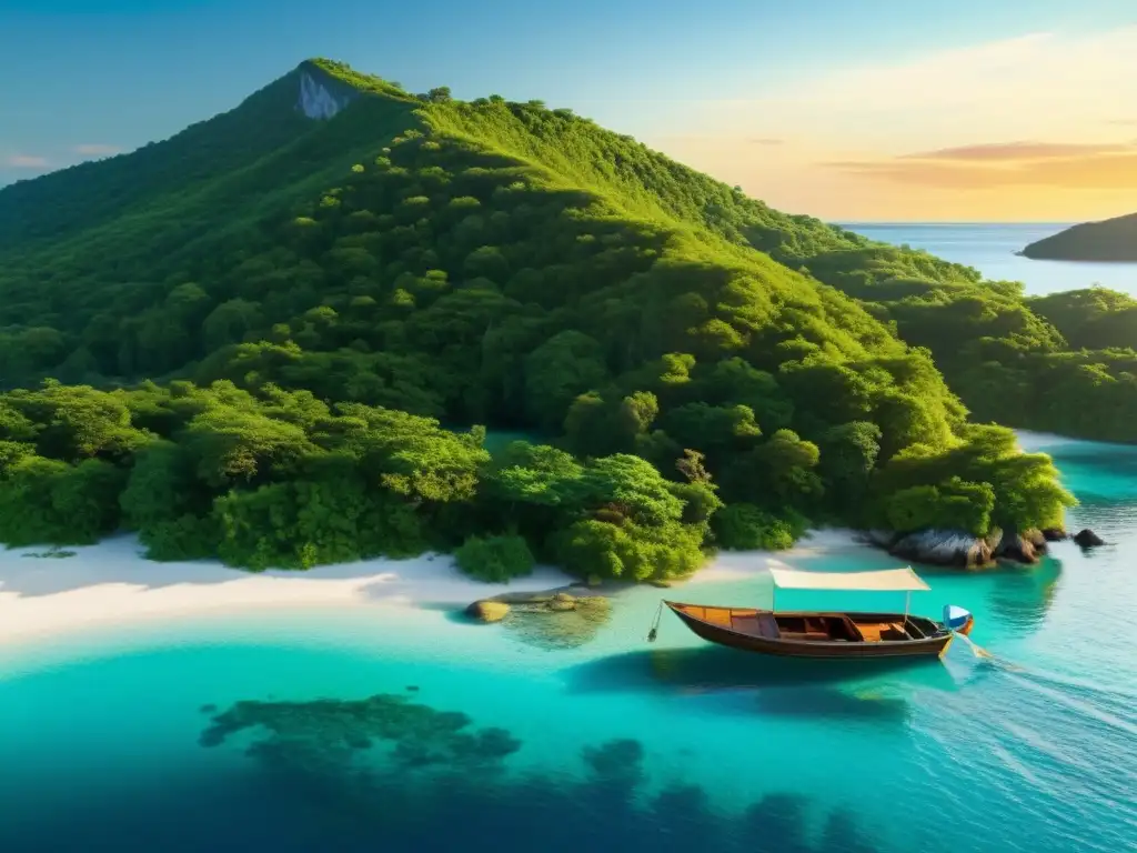 Isla remota: serenidad y aislamiento en aguas turquesa Una isla remota rodeada por aguas turquesas cristalinas, con exuberante vegetación