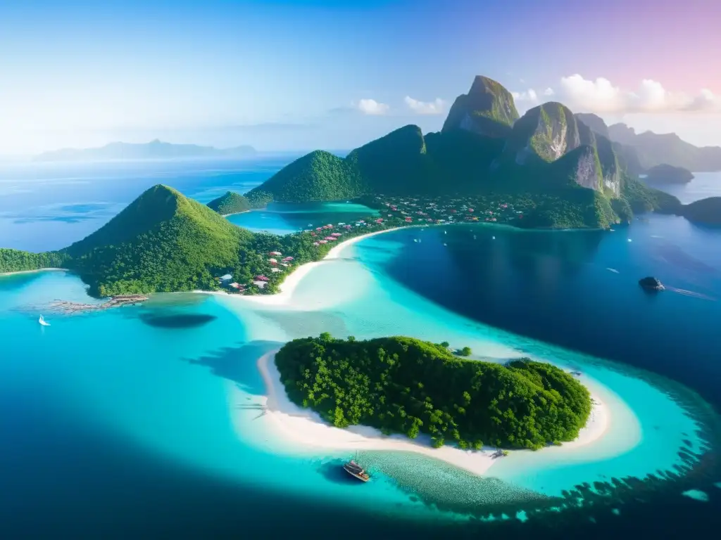 Isla remota: paraíso tropical con aguas cristalinas y puestas de sol Una isla remota con vibrante vida cultural y artística, rodeada de aguas turquesas y exuberante vegetación, bajo un cielo de atardecer