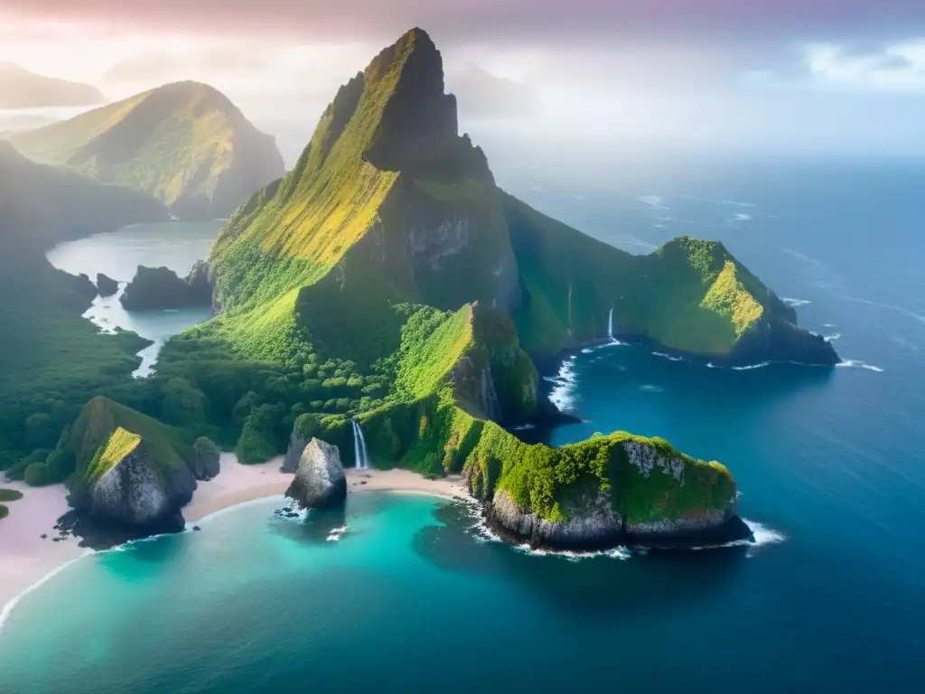 Isla misteriosa: naufragio entre acantilados Islanda remota envuelta en misterio y aventura, con acantilados verdes, cascada y barco naufragado en la costa rocosa