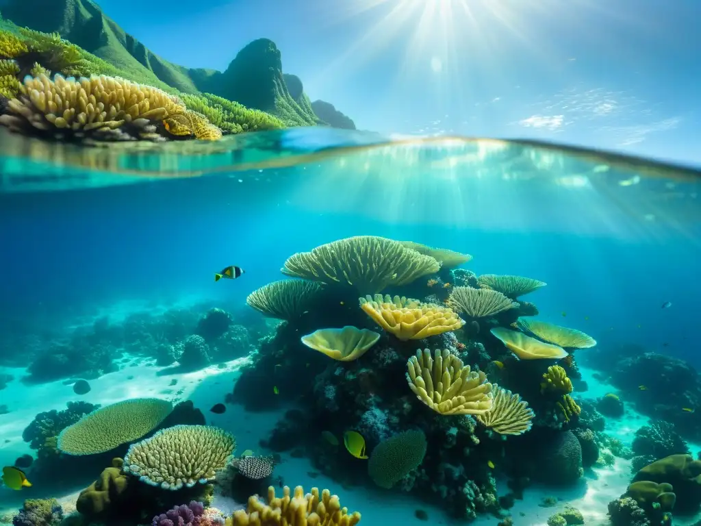Maravilloso arrecife de coral: vida submarina vibrante Descubrir la biodiversidad marina en islas aisladas: un arrecife de coral vibrante rodea una isla remota, teñida de vida marina y colores brillantes
