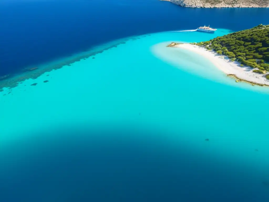 Barco pesquero en aguas turquesas de Grecia Fotografía náutica en Islas Griegas: barco navegando en aguas turquesas con paisaje isleño al fondo