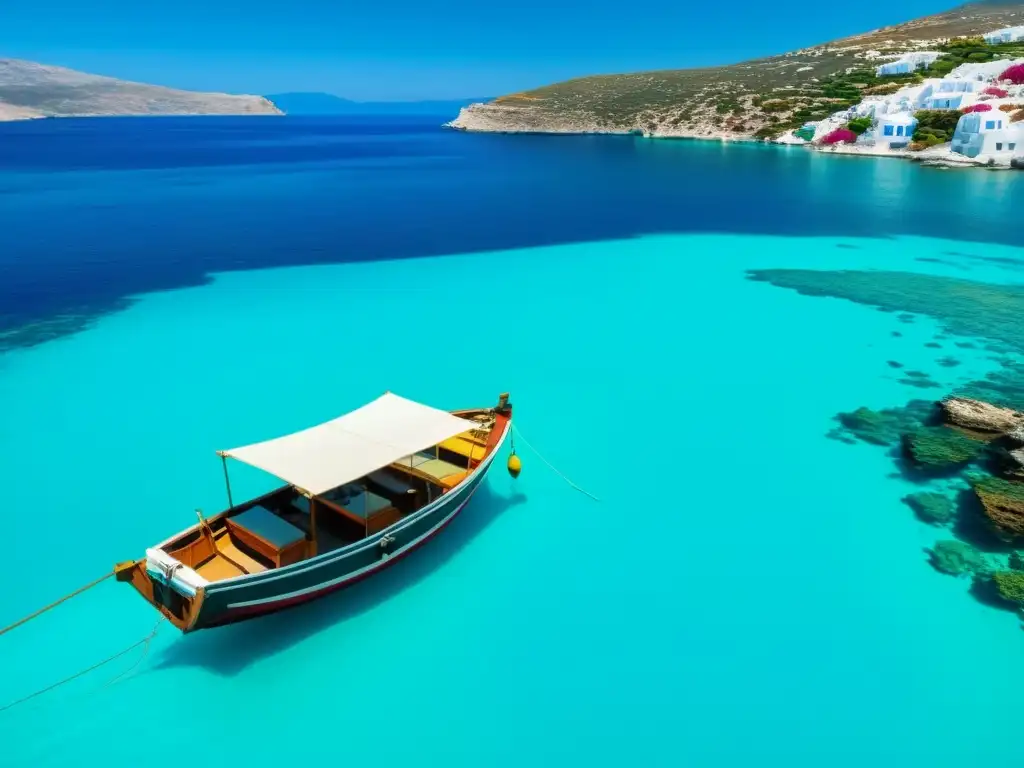 Barco pesquero tradicional navegando en aguas turquesas griegas Fotografía náutica en Islas Griegas: Barco pesquero de madera con redes coloridas navegando en aguas turquesas, costa pintoresca y gaviota en vuelo