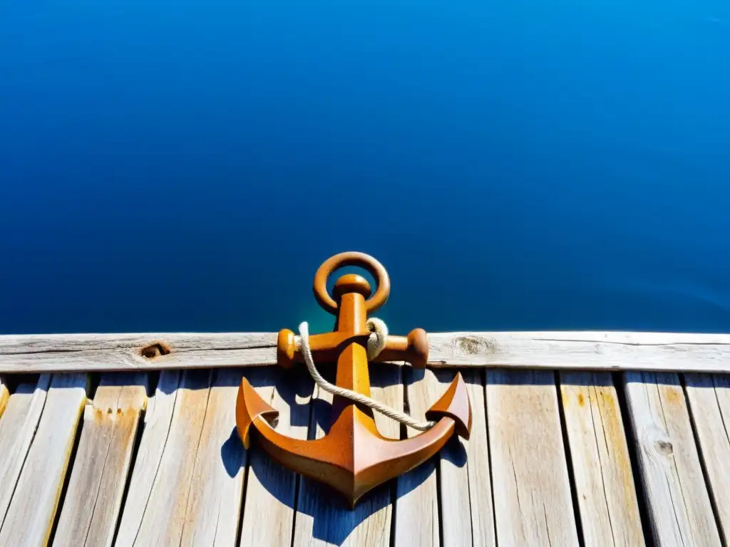 Ancla oxidada en muelle de madera, mar azul y cielo despejado Fotografía náutica en Islas Griegas: Detalle de un ancla oxidada en muelle de madera, con el mar azul y cielo despejado al fondo, resaltando su belleza rústica