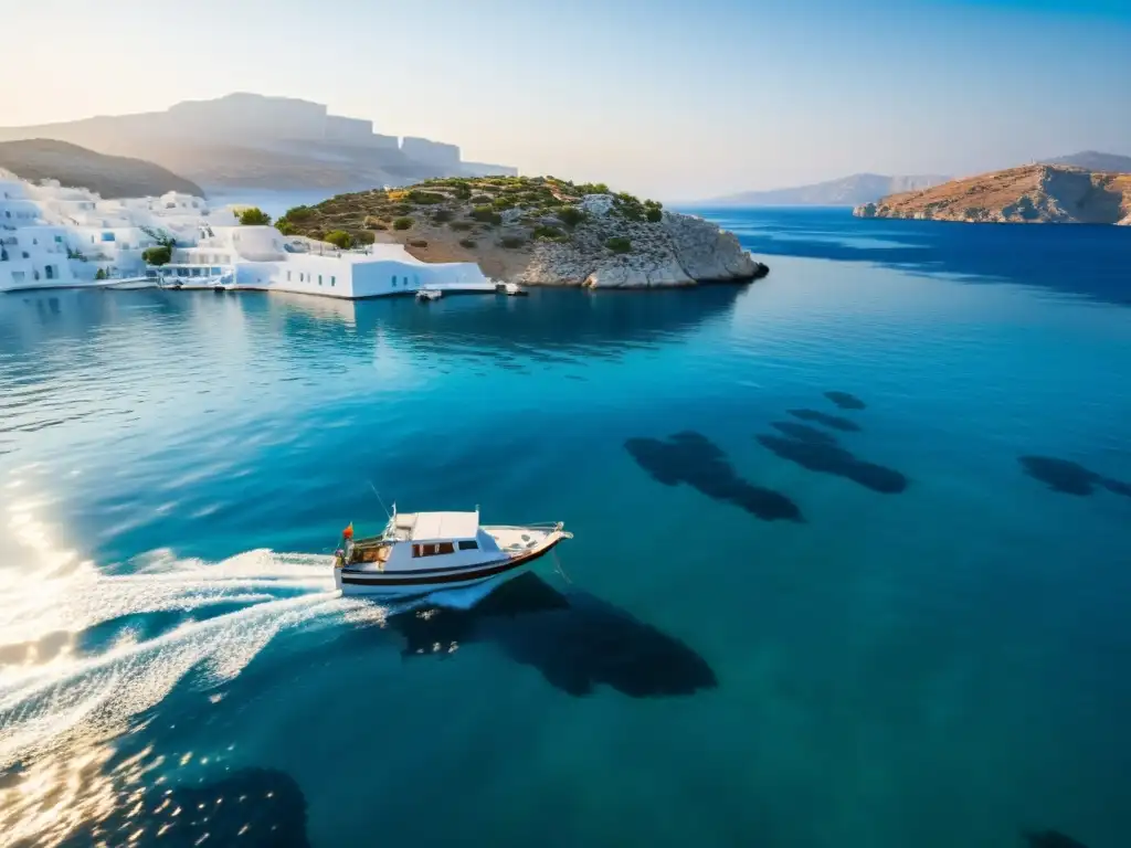 Barco pesquero griego en aguas cristalinas Fotografía náutica en Islas Griegas: Tradicional bote pesquero griego deslizándose en aguas cristalinas con isla griega al fondo