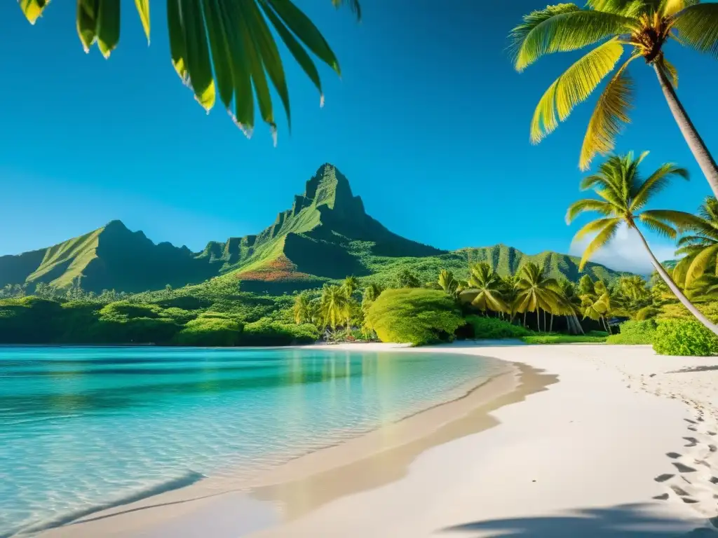 Islanda Polinesia: Paraíso tropical con aguas turquesas y atardecer mágico Explorar Islas Polinesias en Aventura: Imagen documental de una isla vibrante bañada por el sol, aguas turquesas y playas blancas