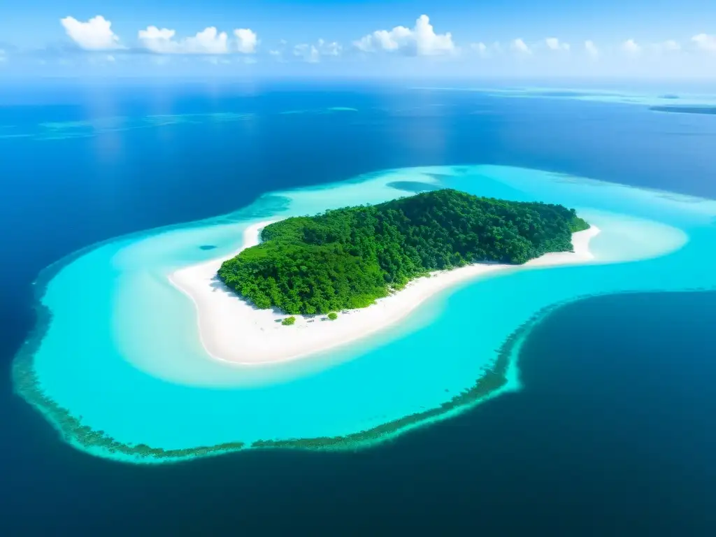 Impresionante vista aérea de islas remotas en el mar de la Bahía de Bengala Expedición a islas remotas en la Bahía de Bengala: aguas turquesa, islas verdes y cielo azul con nubes blancas